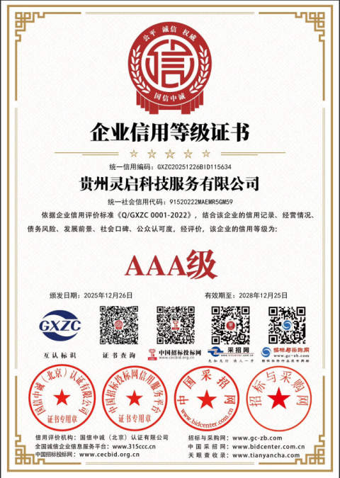 AAA级企业信用等级证书